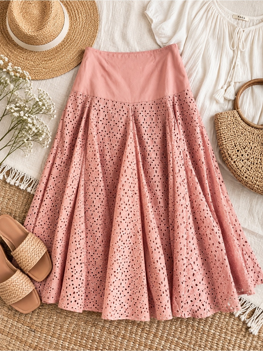 RAGA Pink Eyelet Midi Skirt A-Line Boho Large NWOT
